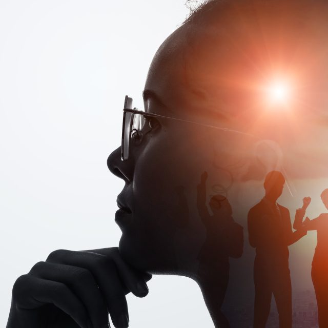 Thinking,Black,Woman,And,Teamwork,Concept.,Wide,Angle,Visual,For